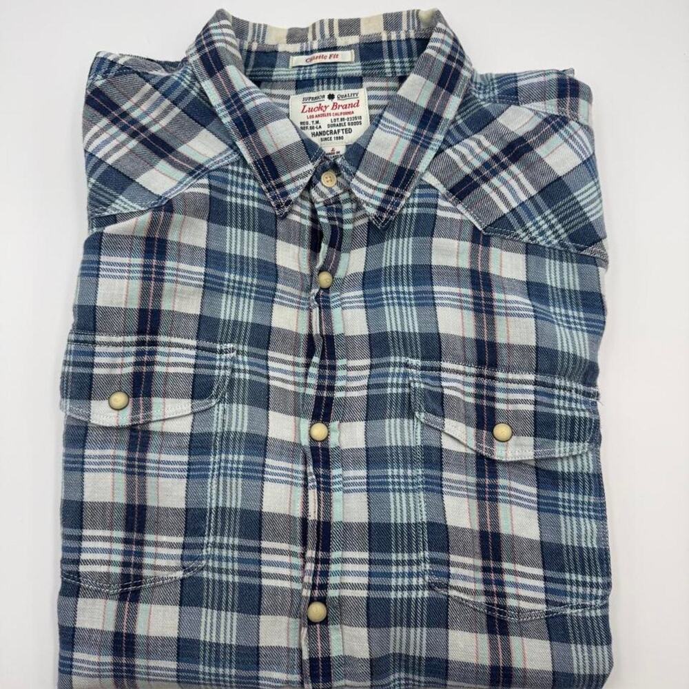 Lucky Brand long sleeve pearl snap flannel size large small hole left sleeve
